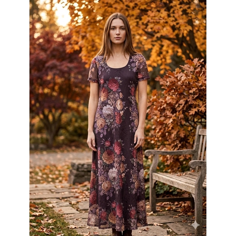 Vintage Jessica Howard Floral Maxi Dress Burgundy Short Sleeve 90s Cottagecore M